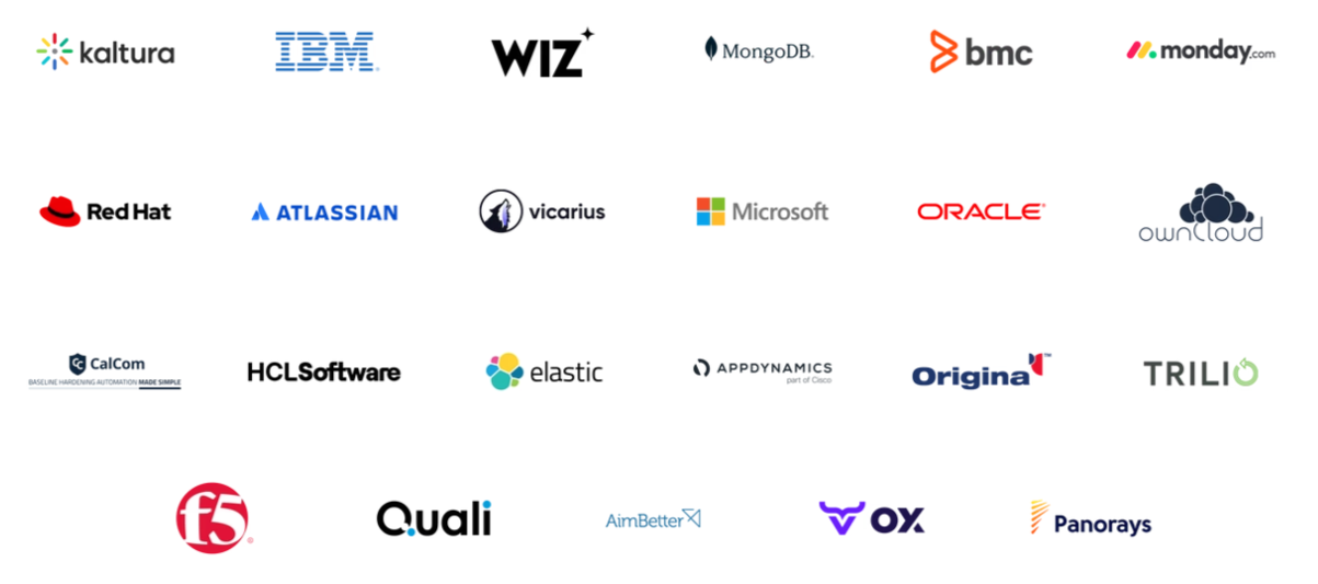 software partner logos ibm kaltura wiz mongodb bmc monday redhat atlassian vicarius microsoft oracle owncloud calcom hclsoftware elastic appdynamics origina trilio f5 quali aimbetter ox panotays